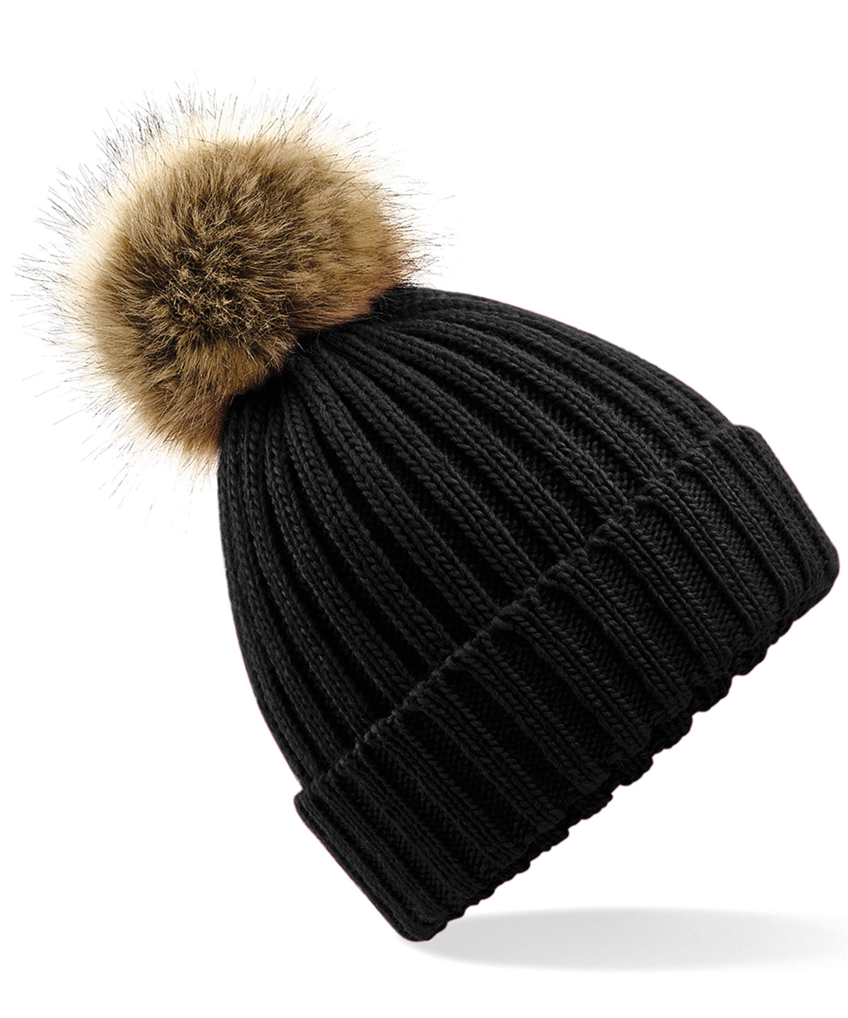 Fur pop pom chunky beanie - Black