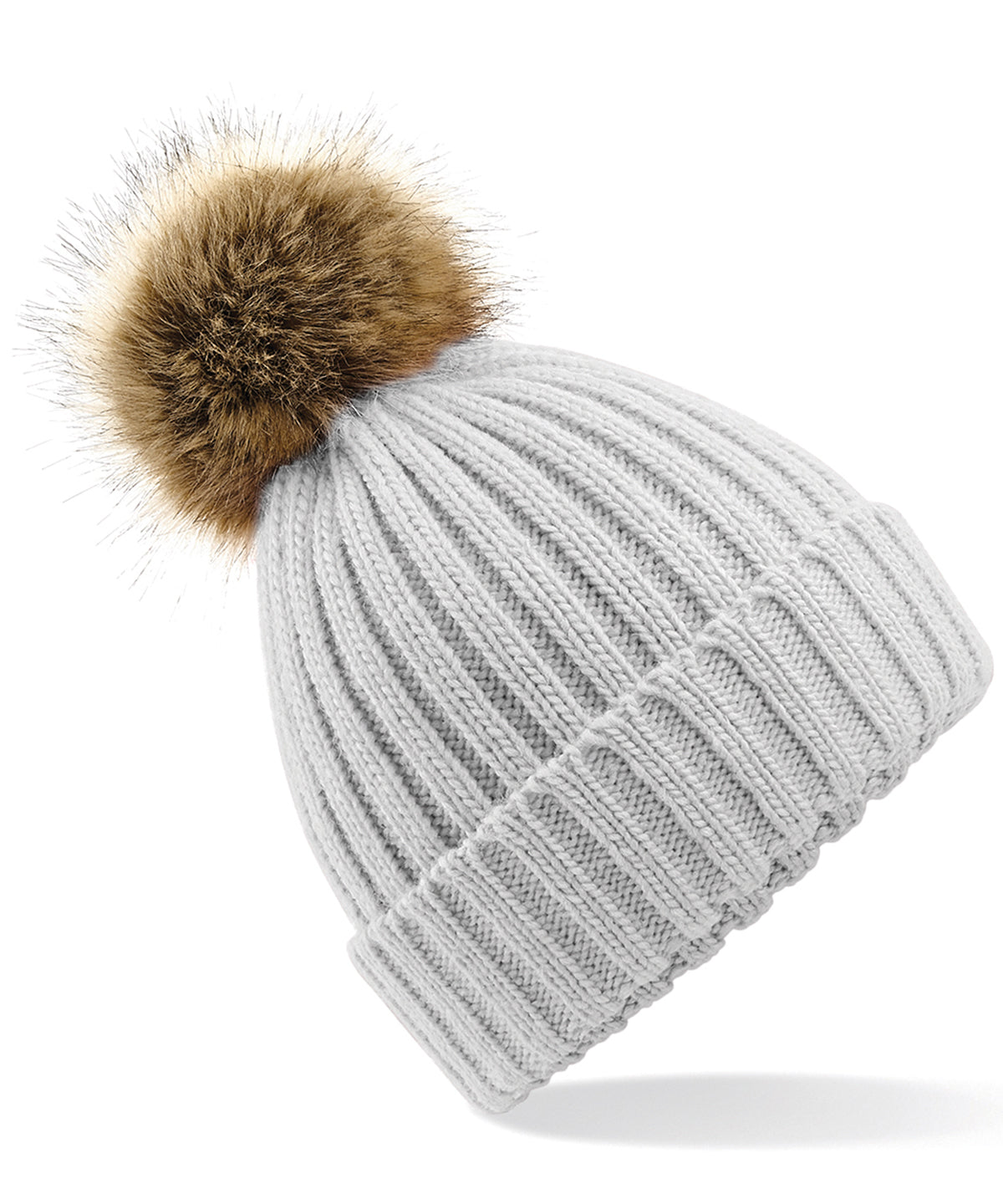 Fur pop pom chunky beanie - Light Grey