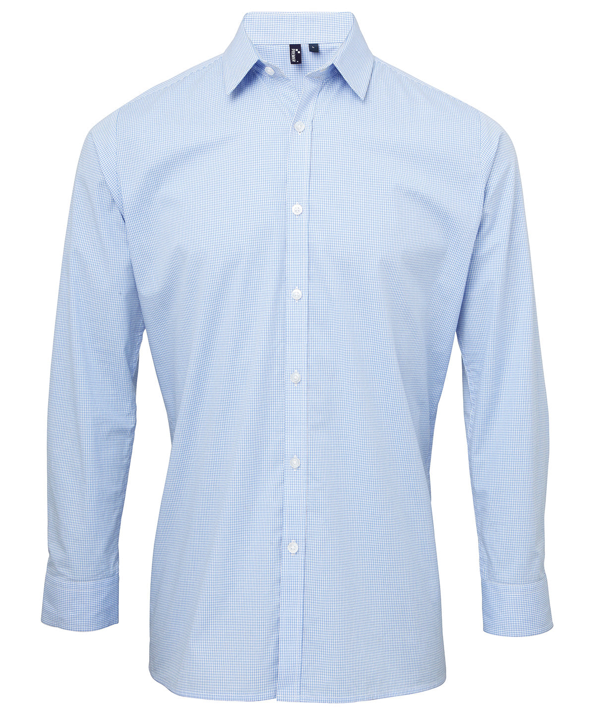 Microcheck (Gingham) long sleeve cotton shirt - Light Blue/White
