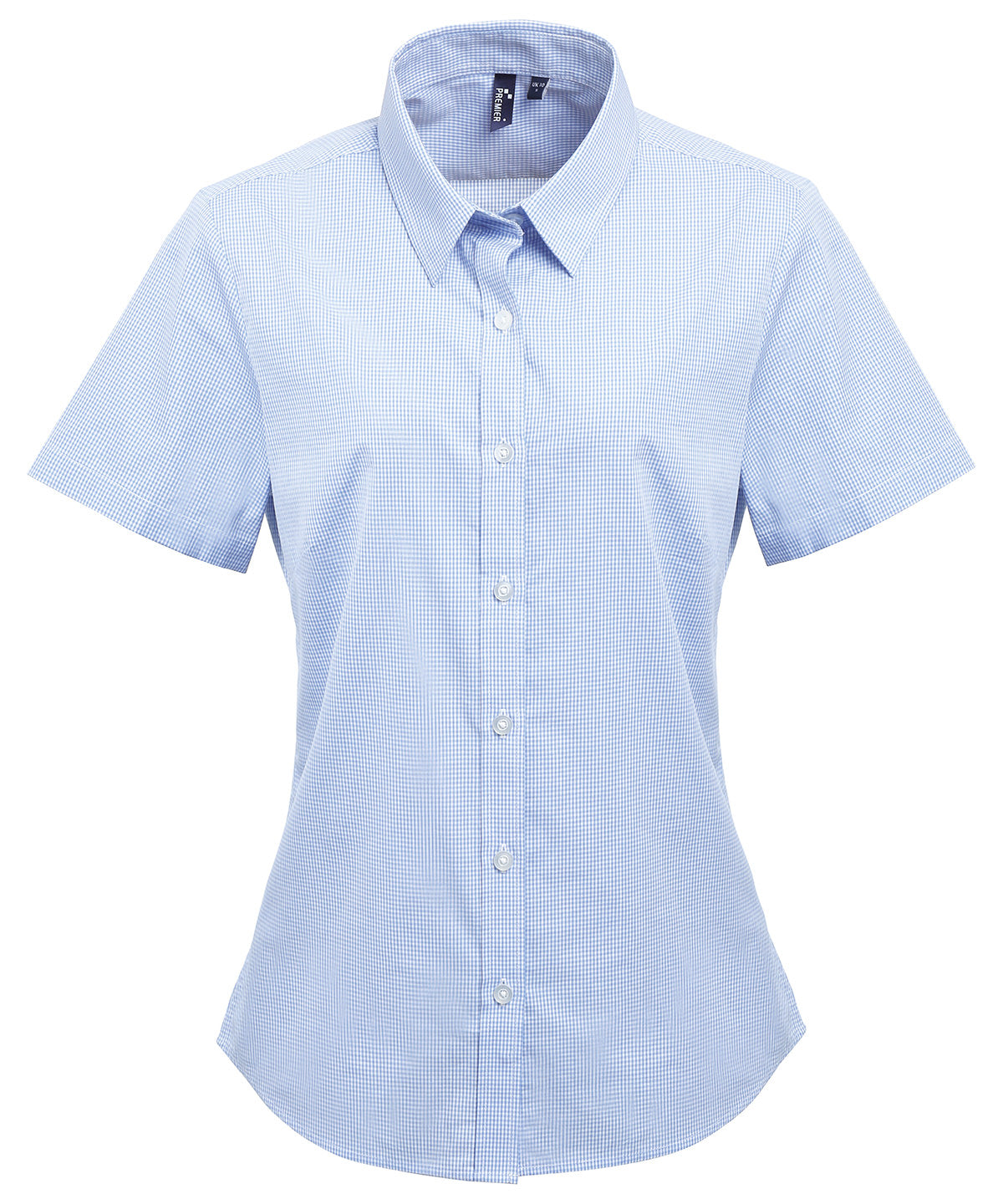Women's Microcheck (Gingham) short sleeve cotton shirt - Light Blue/White