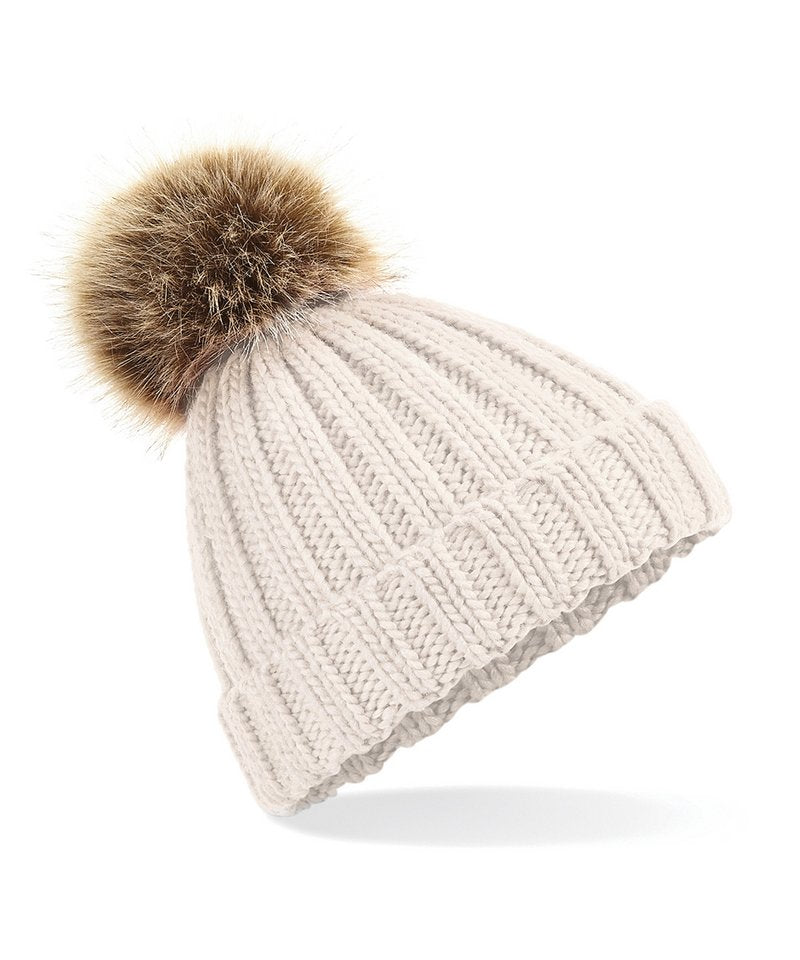 Fur pop pom chunky beanie - Oatmeal