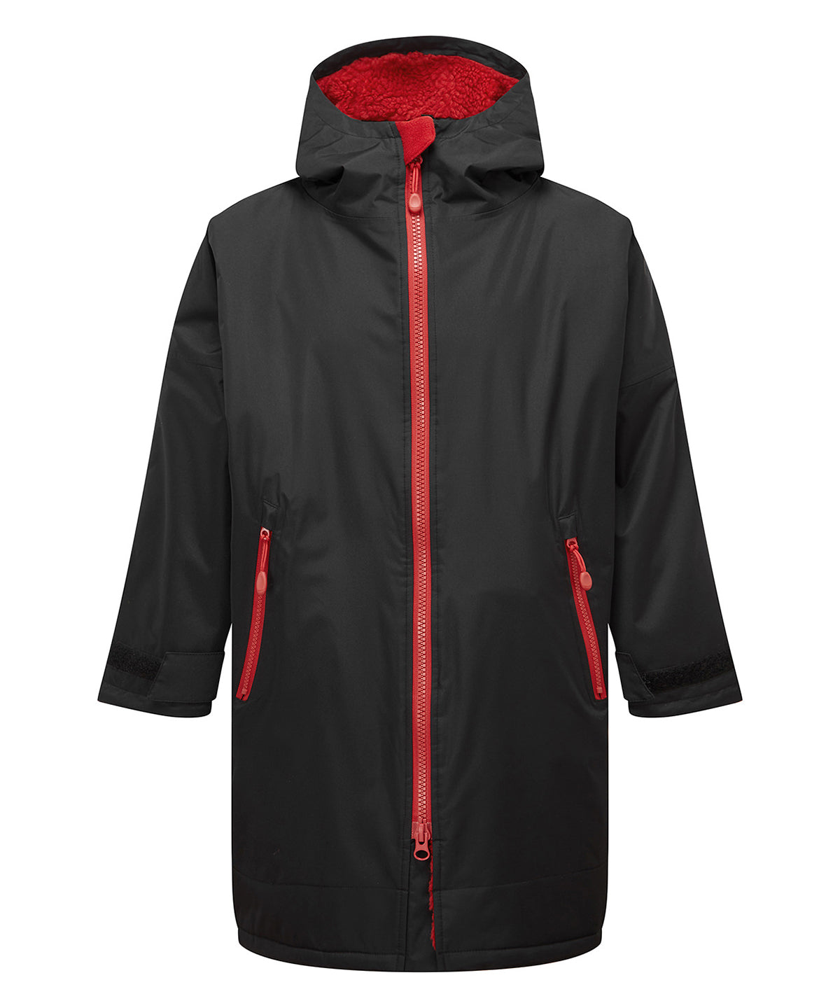 Kids TriDri® Recycled all-seasons waterproof changing robe - Black/Fire Red