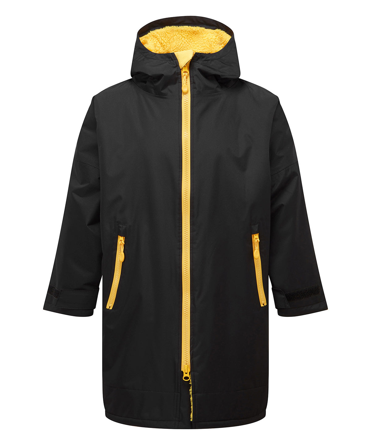 Kids TriDri® Recycled all-seasons waterproof changing robe - Black/Sun Yellow